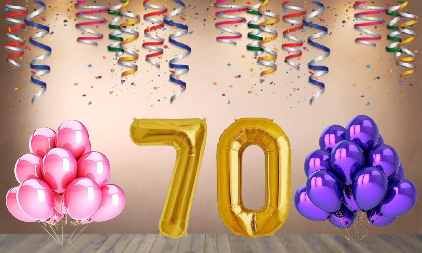 Number 70 Gold Foil Balloon and 25 Nos Pink and Purple Color Latex Balloon Combo