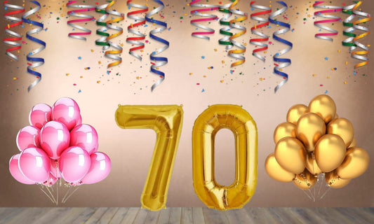 Number 70 Gold Foil Balloon and 25 Nos Pink and Gold Color Latex Balloon Combo