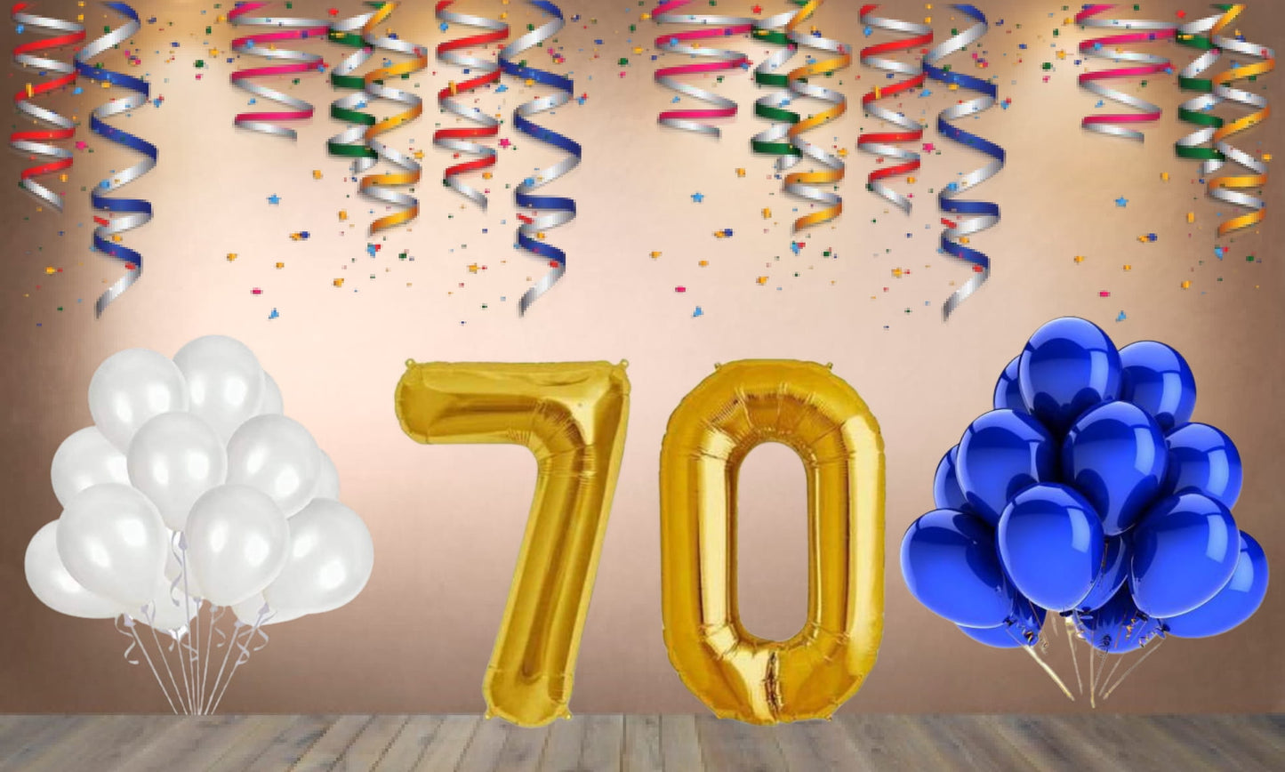 Number  70  Gold Foil Balloon and 25 Nos Blue and White Color Latex Balloon Combo