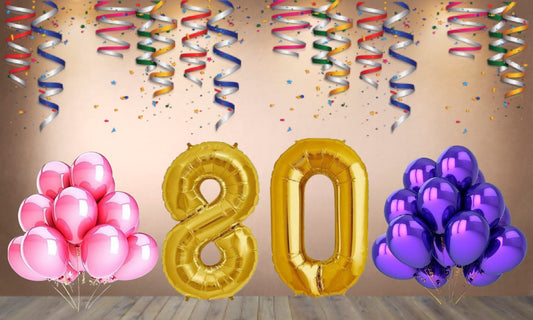 Number 80 Gold Foil Balloon and 25 Nos Pink and Purple Color Latex Balloon Combo