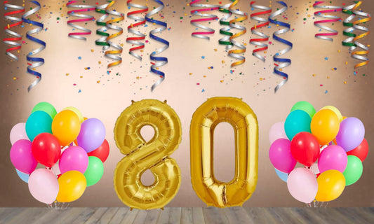 Number 80  Gold Foil Balloon and 25 Nos Multicolor Color Latex Balloon Combo