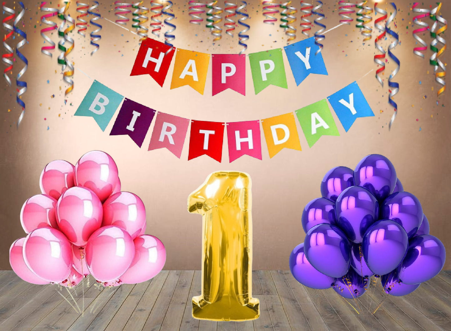 Number 1  Gold Foil Balloon and 25 Nos Pink and Purple Color Latex Balloon and Happy Birthday Banner Combo