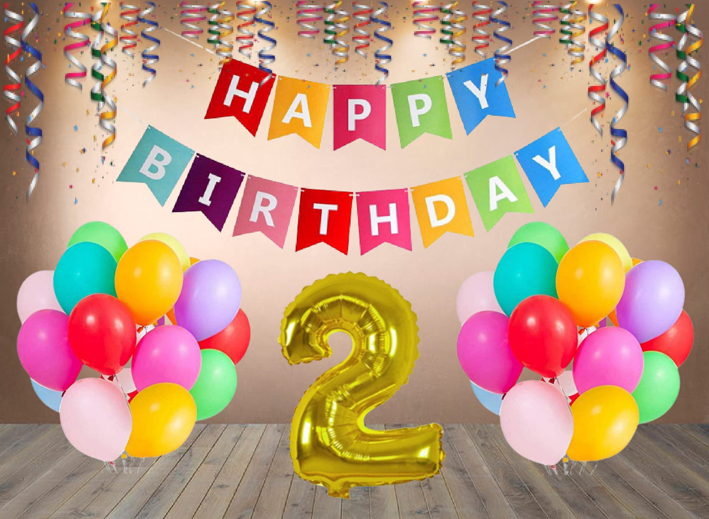 Number 2  Gold Foil Balloon and 25 Nos Multicolor Color Latex Balloon and Happy Birthday Banner Combo