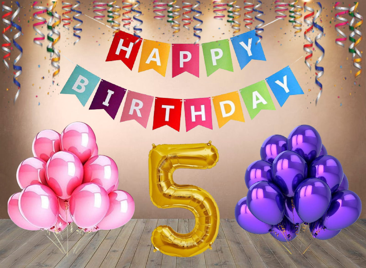 Number  5 Gold Foil Balloon and 25 Nos Pink and Purple Color Latex Balloon and Happy Birthday Banner Combo