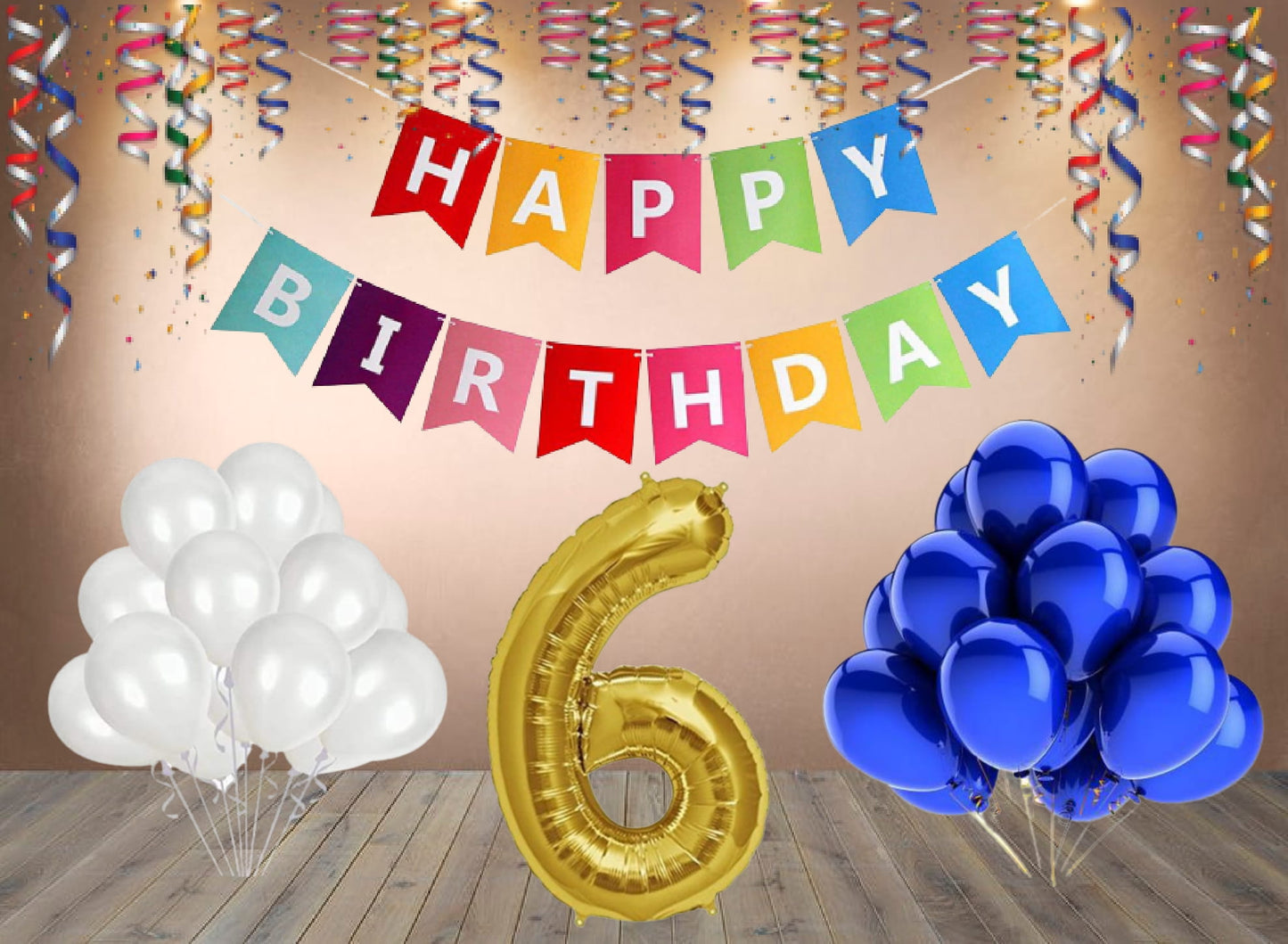 Number  6 Gold Foil Balloon and 25 Nos Blue and White Color Latex Balloon and Happy Birthday Banner Combo