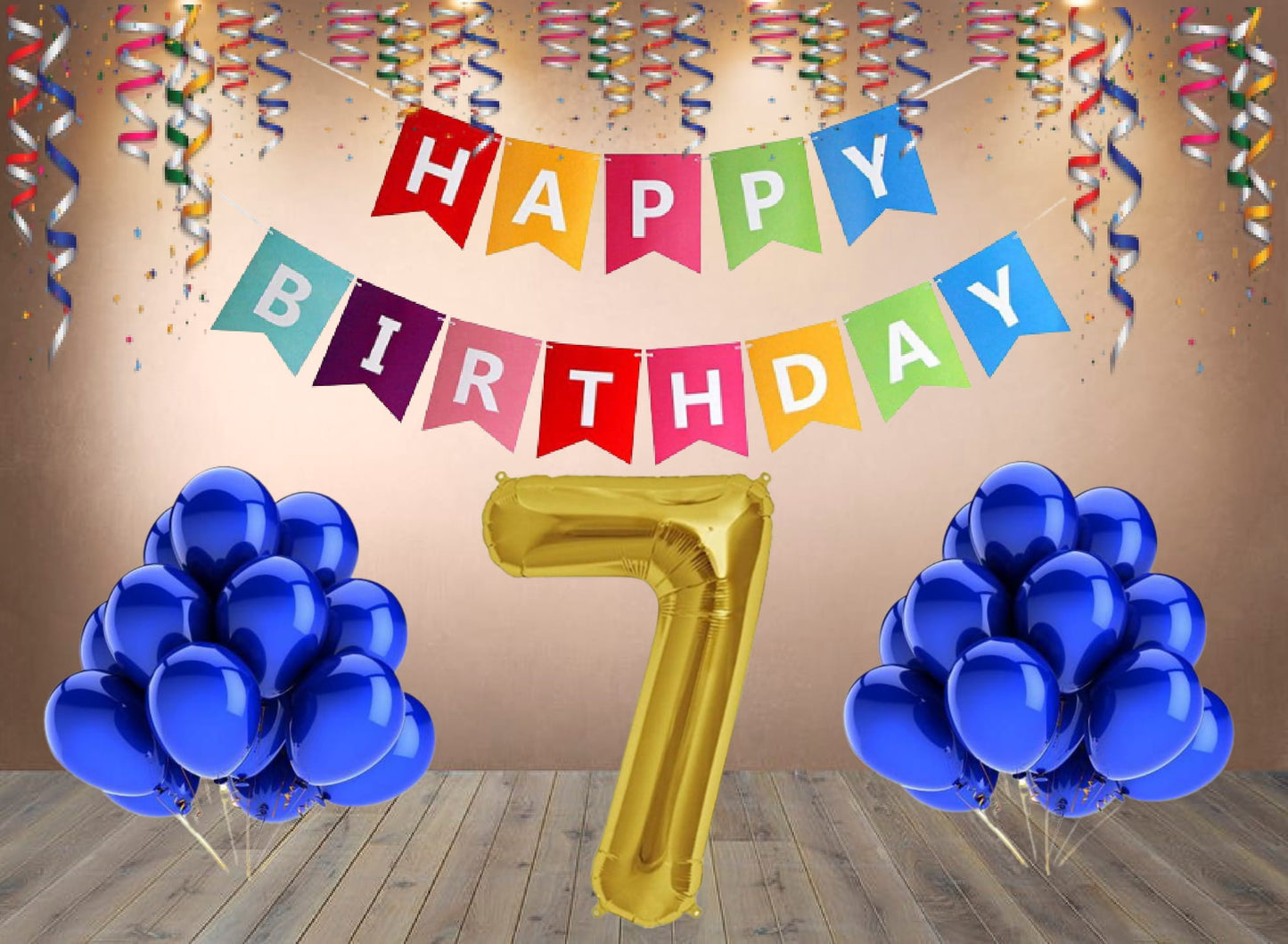 Number  7 Gold Foil Balloon and 25 Nos Blue Color Latex Balloon and Happy Birthday Banner Combo