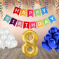 Number 8  Gold Foil Balloon and 25 Nos Blue and White Color Latex Balloon and Happy Birthday Banner Combo