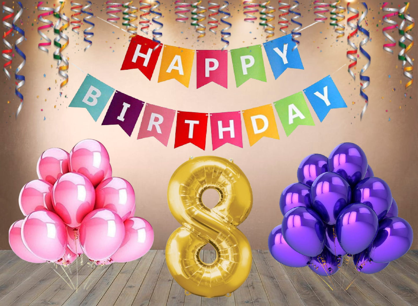 Number  8 Gold Foil Balloon and 25 Nos Pink and Purple Color Latex Balloon and Happy Birthday Banner Combo