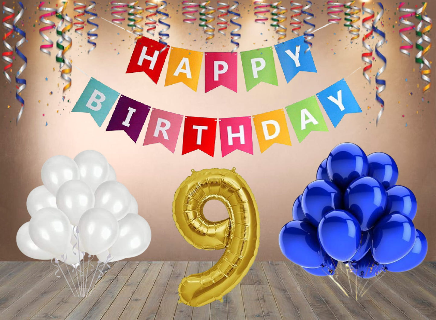 Number 9  Gold Foil Balloon and 25 Nos Blue and White Color Latex Balloon and Happy Birthday Banner Combo