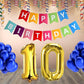 Number 10  Gold Foil Balloon and 25 Nos Blue Color Latex Balloon and Happy Birthday Banner Combo