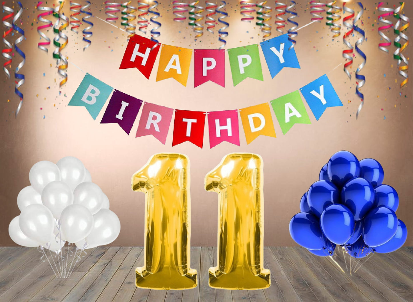 Number  11  Gold Foil Balloon and 25 Nos Blue and White Color Latex Balloon and Happy Birthday Banner Combo