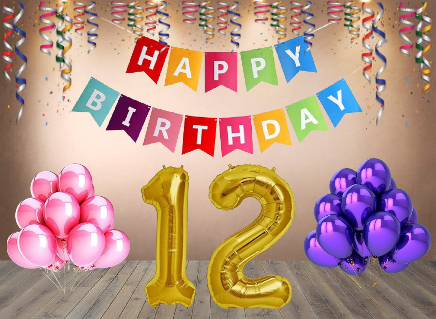 Number 12  Gold Foil Balloon and 25 Nos Pink and Purple Color Latex Balloon and Happy Birthday Banner Combo