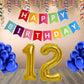 Number 12  Gold Foil Balloon and 25 Nos Blue Color Latex Balloon and Happy Birthday Banner Combo