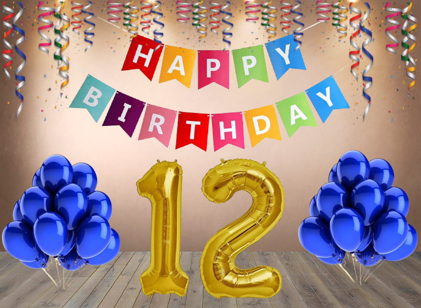 Number 12  Gold Foil Balloon and 25 Nos Blue Color Latex Balloon and Happy Birthday Banner Combo