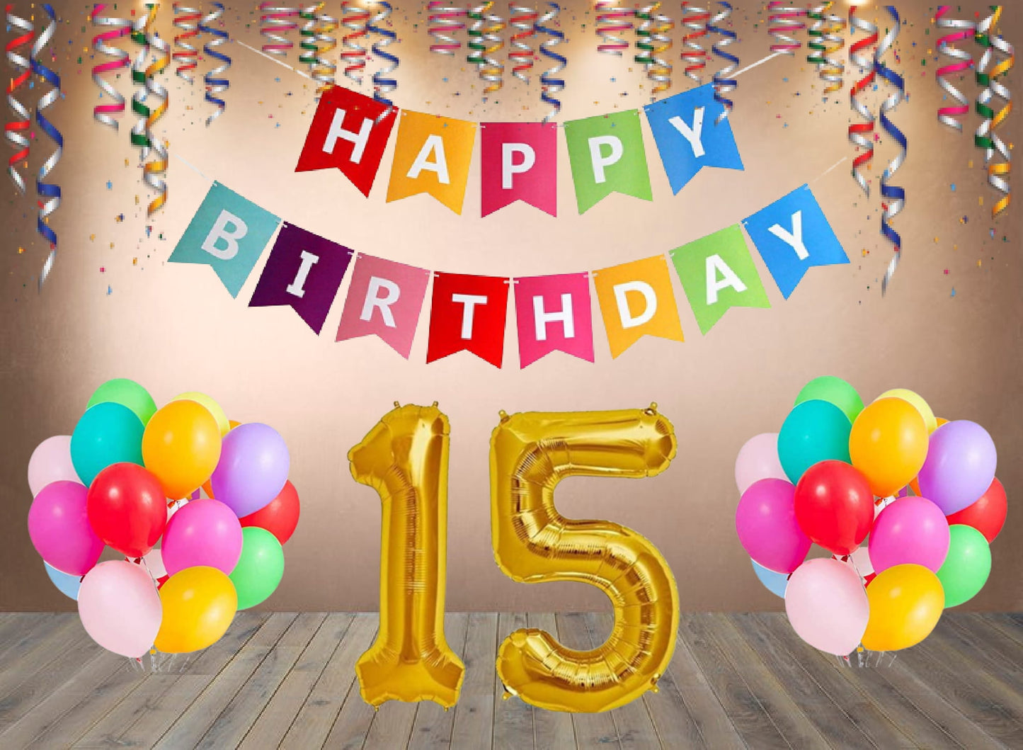 Number  15 Gold Foil Balloon and 25 Nos Multicolor Color Latex Balloon and Happy Birthday Banner Combo