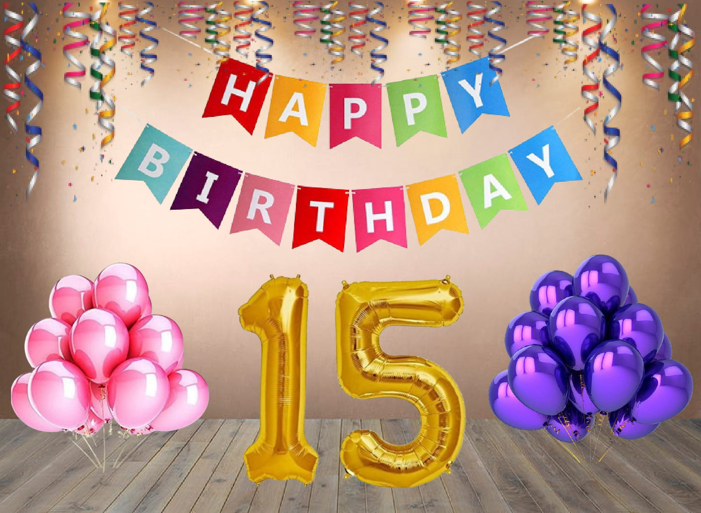 Number 15  Gold Foil Balloon and 25 Nos Pink and Purple Color Latex Balloon and Happy Birthday Banner Combo