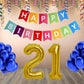Number 21  Gold Foil Balloon and 25 Nos Blue Color Latex Balloon and Happy Birthday Banner Combo