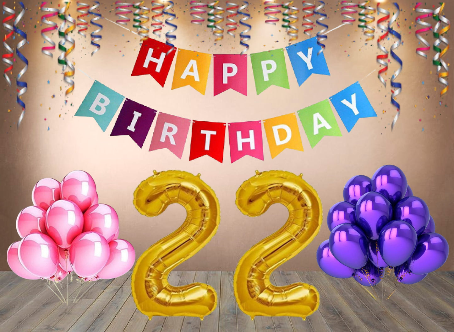 Number 22  Gold Foil Balloon and 25 Nos Pink and Purple Color Latex Balloon and Happy Birthday Banner Combo