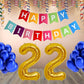 Number 22  Gold Foil Balloon and 25 Nos Blue Color Latex Balloon and Happy Birthday Banner Combo