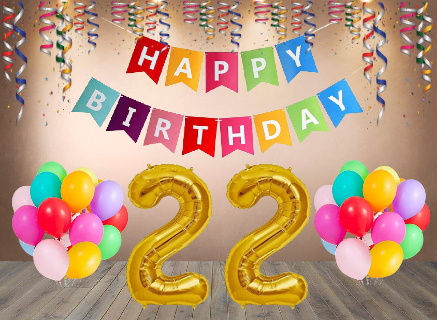 Number 22   Gold Foil Balloon and 25 Nos Multicolor Color Latex Balloon and Happy Birthday Banner Combo