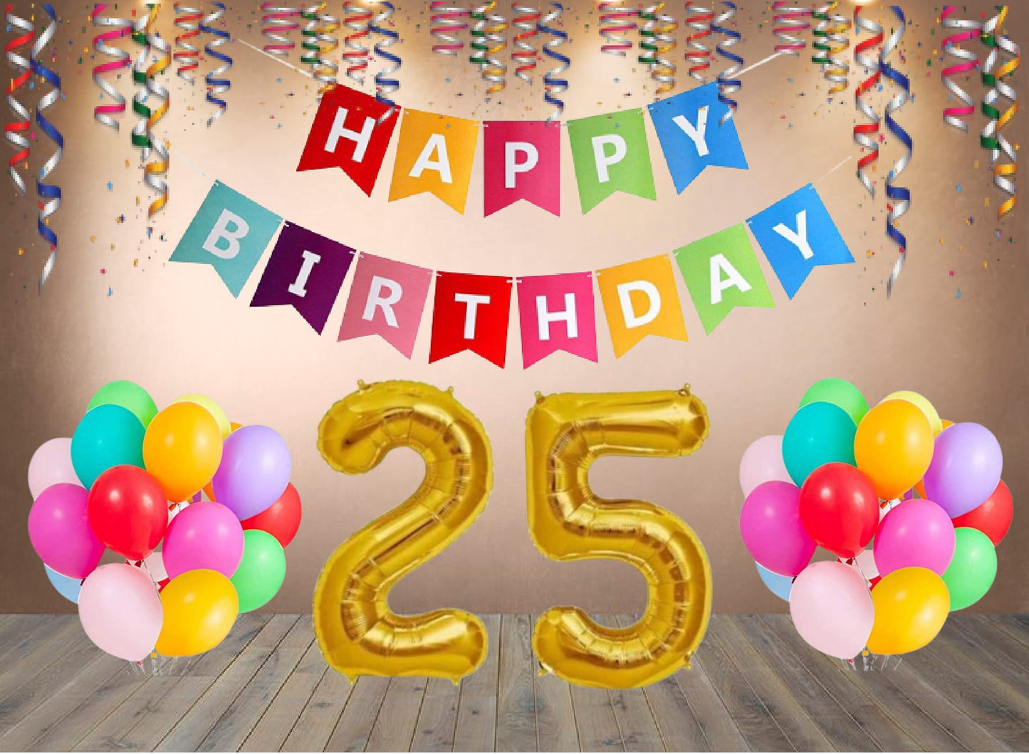 Number  25  Gold Foil Balloon and 25 Nos Multicolor Color Latex Balloon and Happy Birthday Banner Combo