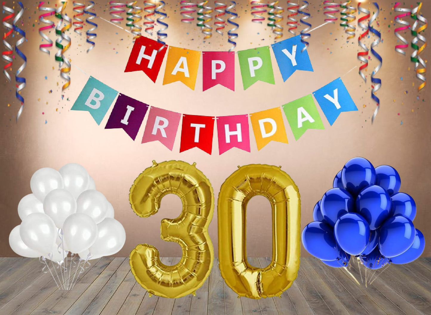 Number  30  Gold Foil Balloon and 25 Nos Blue and White Color Latex Balloon and Happy Birthday Banner Combo