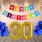Number 30  Gold Foil Balloon and 25 Nos Blue Color Latex Balloon and Happy Birthday Banner Combo
