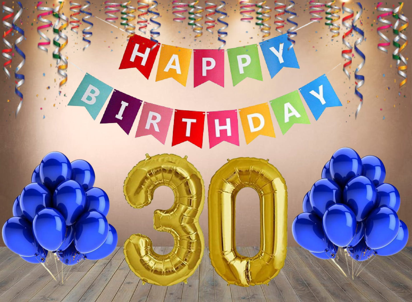 Number 30  Gold Foil Balloon and 25 Nos Blue Color Latex Balloon and Happy Birthday Banner Combo