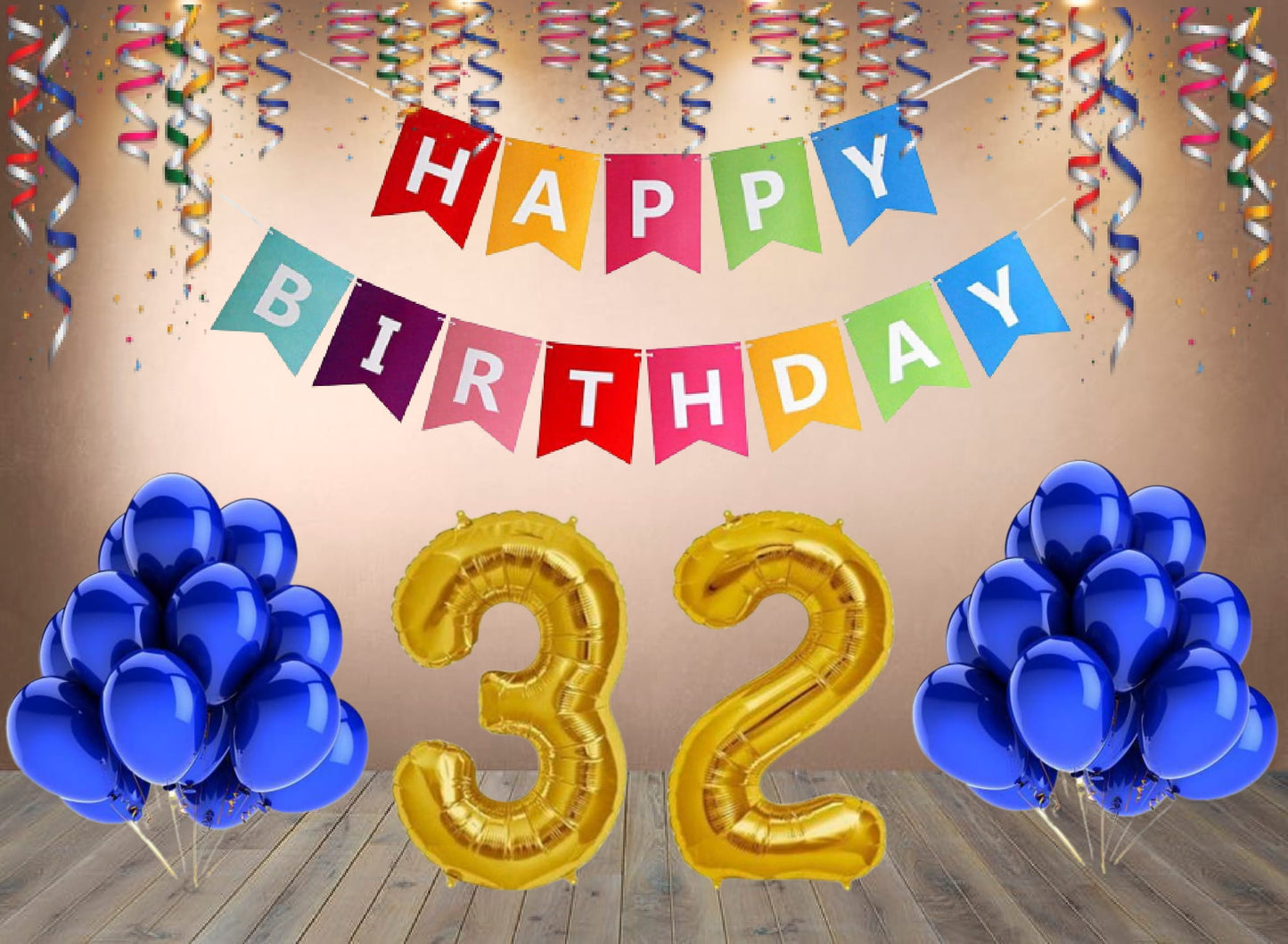 Number 32  Gold Foil Balloon and 25 Nos Blue Color Latex Balloon and Happy Birthday Banner Combo