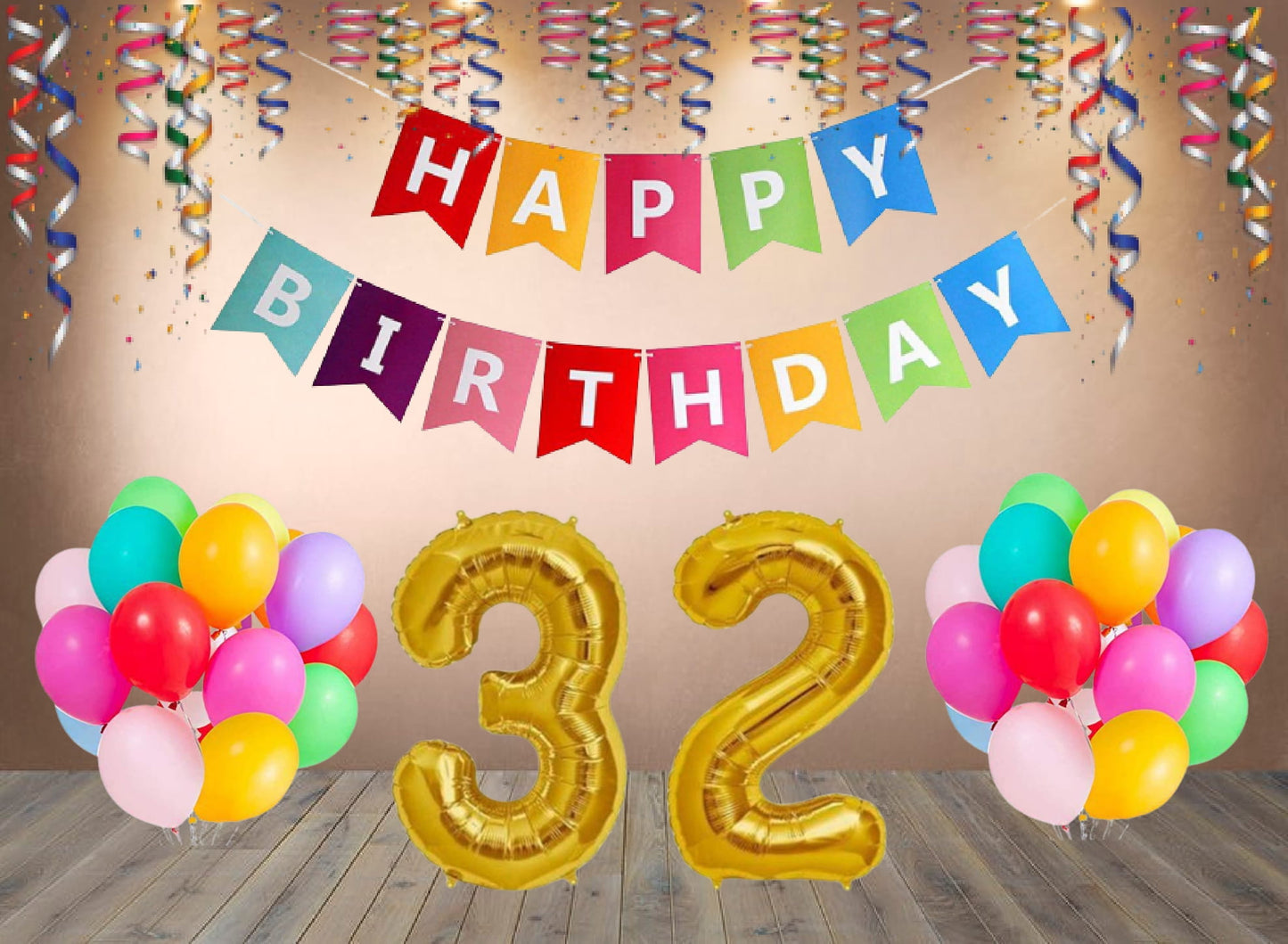 Number 32   Gold Foil Balloon and 25 Nos Multicolor Color Latex Balloon and Happy Birthday Banner Combo