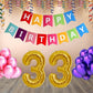 Number  33 Gold Foil Balloon and 25 Nos Pink and Purple Color Latex Balloon and Happy Birthday Banner Combo