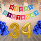 Number 34  Gold Foil Balloon and 25 Nos Blue Color Latex Balloon and Happy Birthday Banner Combo