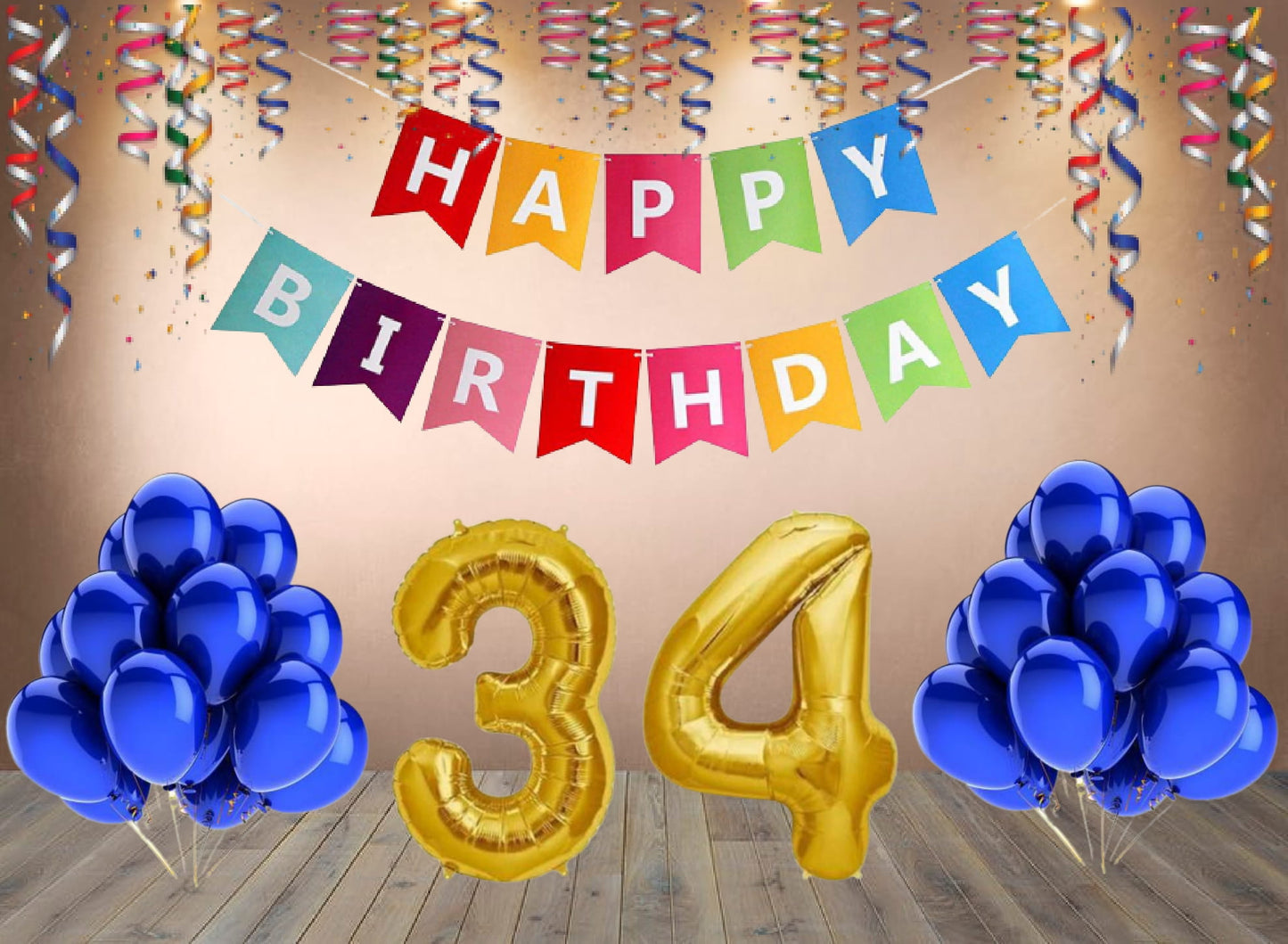 Number 34  Gold Foil Balloon and 25 Nos Blue Color Latex Balloon and Happy Birthday Banner Combo