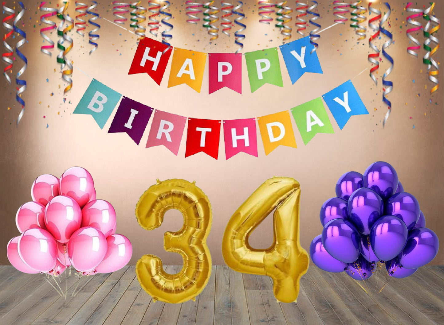 Number 34  Gold Foil Balloon and 25 Nos Pink and Purple Color Latex Balloon and Happy Birthday Banner Combo
