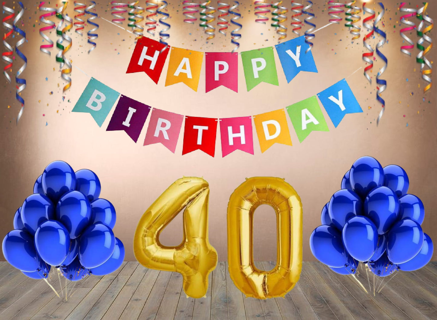 Number 40  Gold Foil Balloon and 25 Nos Blue Color Latex Balloon and Happy Birthday Banner Combo