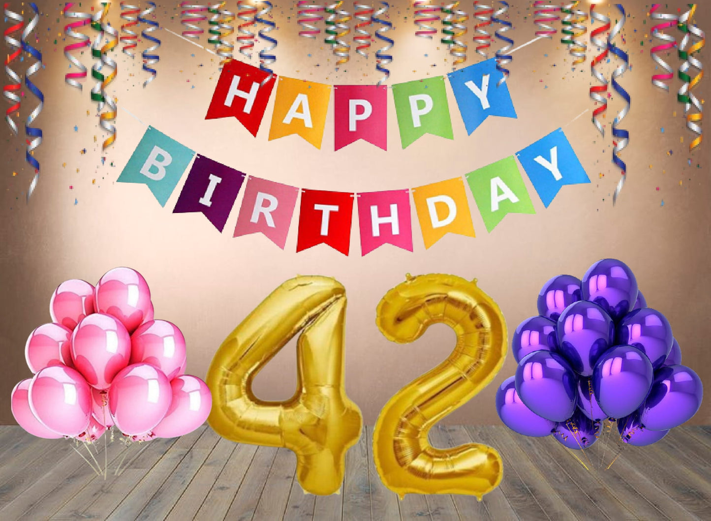 Number 42  Gold Foil Balloon and 25 Nos Pink and Purple Color Latex Balloon and Happy Birthday Banner Combo