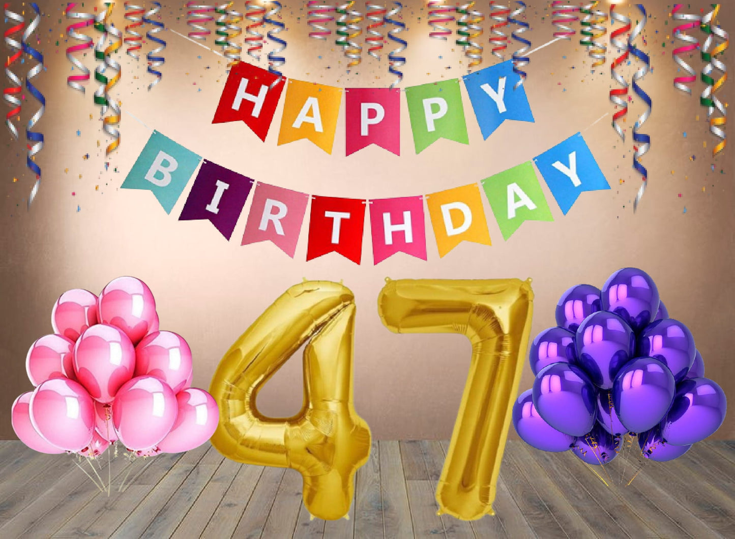 Number  47 Gold Foil Balloon and 25 Nos Pink and Purple Color Latex Balloon and Happy Birthday Banner Combo