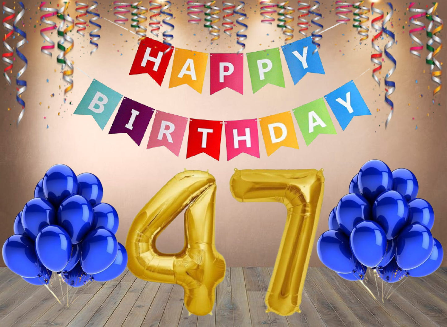 Number  47 Gold Foil Balloon and 25 Nos Blue Color Latex Balloon and Happy Birthday Banner Combo