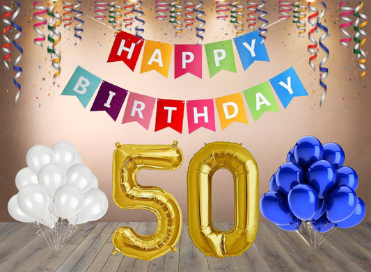 Number 50  Gold Foil Balloon and 25 Nos Blue and White Color Latex Balloon and Happy Birthday Banner Combo