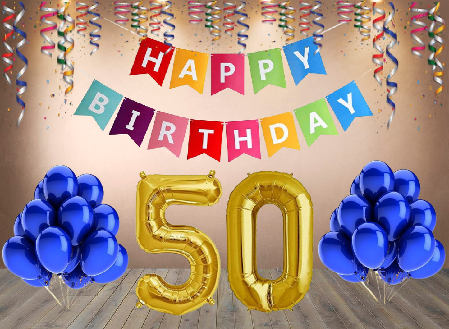 Number 49  Gold Foil Balloon and 25 Nos Blue Color Latex Balloon and Happy Birthday Banner Combo