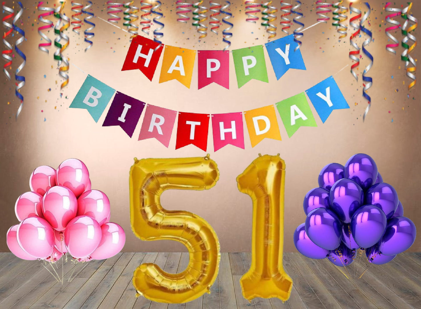 Number 51  Gold Foil Balloon and 25 Nos Pink and Purple Color Latex Balloon and Happy Birthday Banner Combo