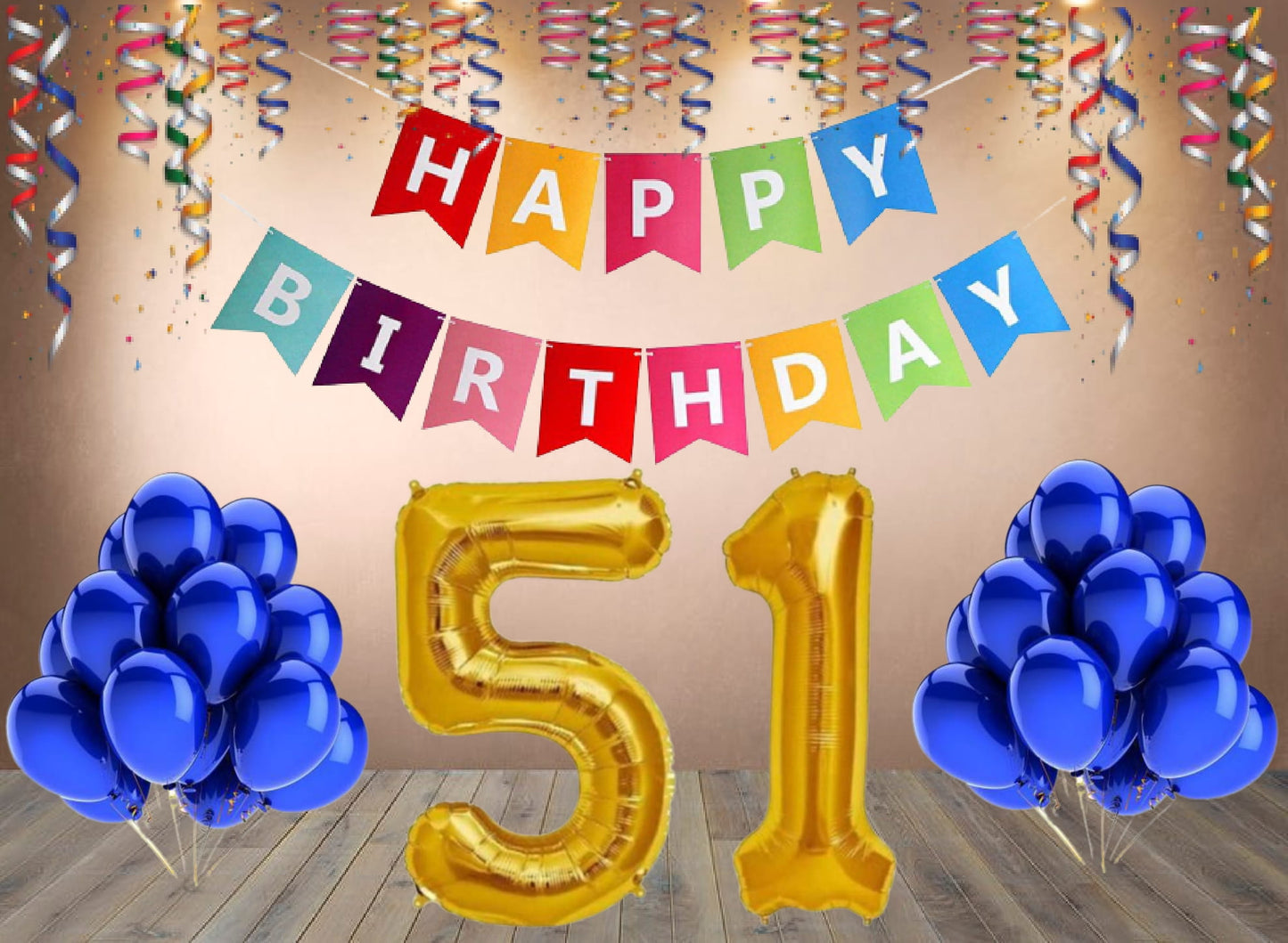 Number 51  Gold Foil Balloon and 25 Nos Blue Color Latex Balloon and Happy Birthday Banner Combo