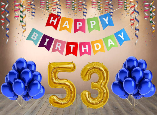 Number 53  Gold Foil Balloon and 25 Nos Blue Color Latex Balloon and Happy Birthday Banner Combo