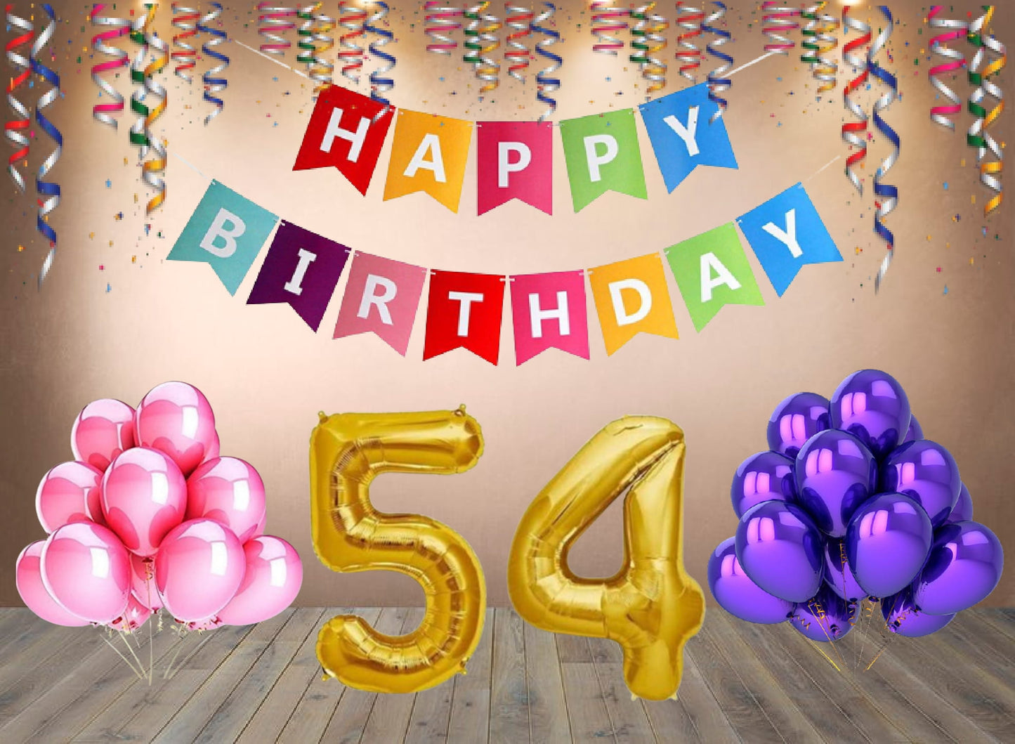 Number 54  Gold Foil Balloon and 25 Nos Pink and Purple Color Latex Balloon and Happy Birthday Banner Combo