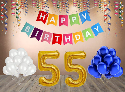 Number 55  Gold Foil Balloon and 25 Nos Blue and White Color Latex Balloon and Happy Birthday Banner Combo