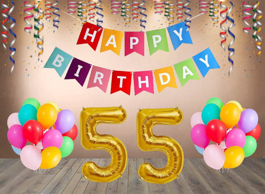 Number  55  Gold Foil Balloon and 25 Nos Multicolor Color Latex Balloon and Happy Birthday Banner Combo