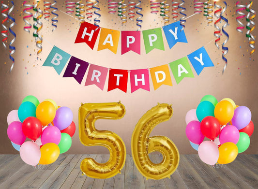 Number  56  Gold Foil Balloon and 25 Nos Multicolor Color Latex Balloon and Happy Birthday Banner Combo