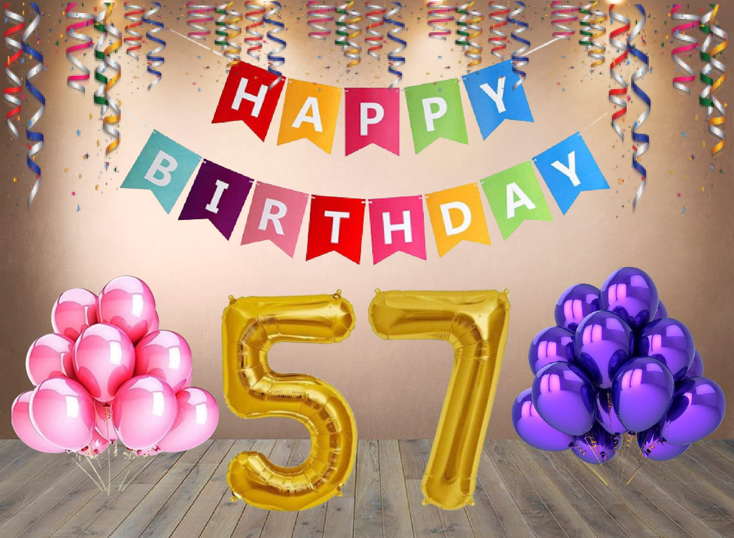 Number 57  Gold Foil Balloon and 25 Nos Pink and Purple Color Latex Balloon and Happy Birthday Banner Combo