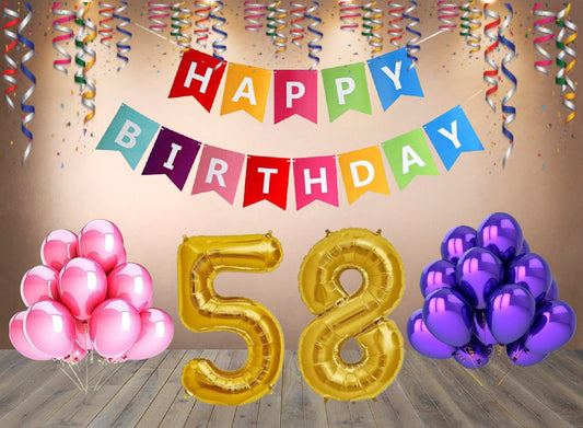 Number 58  Gold Foil Balloon and 25 Nos Pink and Purple Color Latex Balloon and Happy Birthday Banner Combo