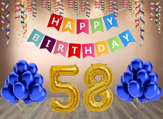 Number 58  Gold Foil Balloon and 25 Nos Blue Color Latex Balloon and Happy Birthday Banner Combo